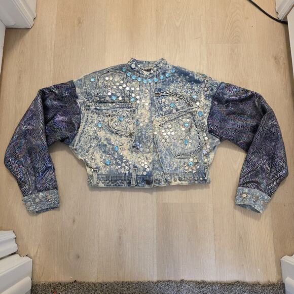Vintage The Tony Alamo 1987 Levi's Beaded Studded Cropped Denim Jacket Sz Medium - Picture 1 of 12